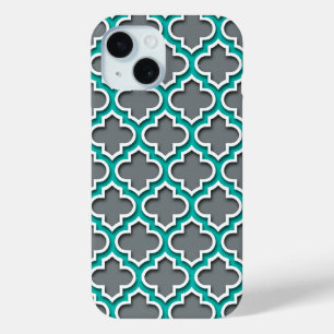 Funda Para iPhone 15 Gris Carbón Teal Blanco Morisco Cuatrofoils #5DS