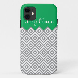 Funda Para iPhone 11 Gris de encargo moderno y monograma verde de Kelly