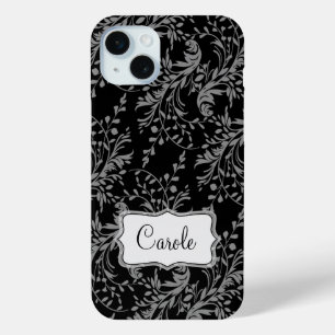 Funda Para iPhone 15 Mini Gris negro de damasco de flores silvestres