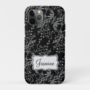 Funda Para iPhone 11 Pro Gris negro de damasco de flores silvestres