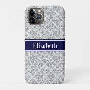 Funda Para iPhone 11 Pro Gris sobre Damasco gris #3 Monograma nombre azul d