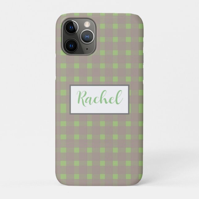 Funda De Case-Mate Para iPhone Gris verde Gingham personalizado (Reverso)