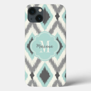 Funda Para iPhone 13 Gris y monograma tribal de Ikat Chevron de la
