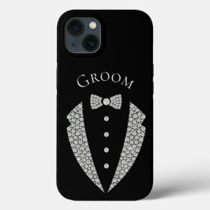 Funda Para iPhone 13 Groom Tuxedo Silver Typography Boda negro