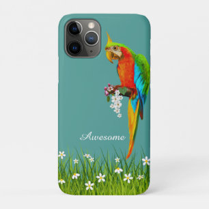 Funda Para iPhone 11 Pro Guacamayo tropical y flores blancas sobre azul tur