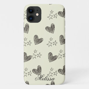 Funda Para iPhone 11 Guión Beige Black and White Minimal Heart Stars