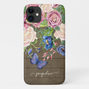 Funda Para iPhone 11 Guión de mariposa acuarela floral de madera rústic