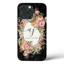 Guión de Monograma de color rosa floral negro eleg