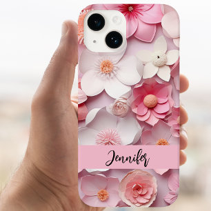 Funda Para iPhone 15 Guión de nombre de flores blancas rosadas
