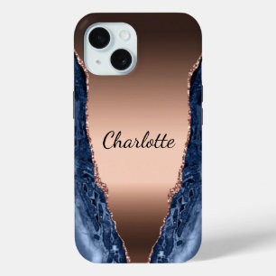 Funda Para iPhone 15 Guión de nombre dorado del rosa de mármol azul