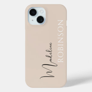 Funda Para iPhone 15 Guión de nombre inicial mínimo moderno beige