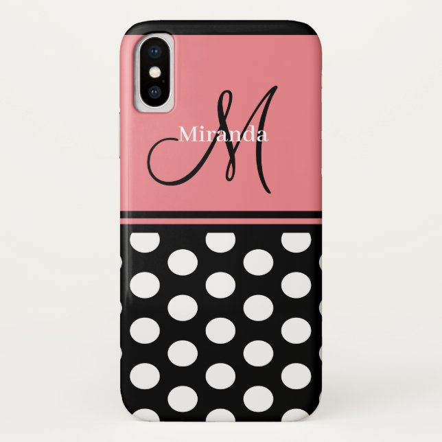 Funda De Case-Mate Para iPhone Guión de puntos de polka blanco rosado monograma (Reverso)