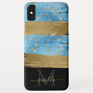 Funda Para iPhone XS Max Guión de Purpurina de oro azul Girly Fun Monogram