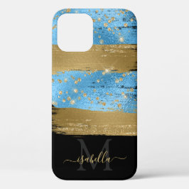Funda Para iPhone 11 Pro Guión de Purpurina de oro azul monogramado