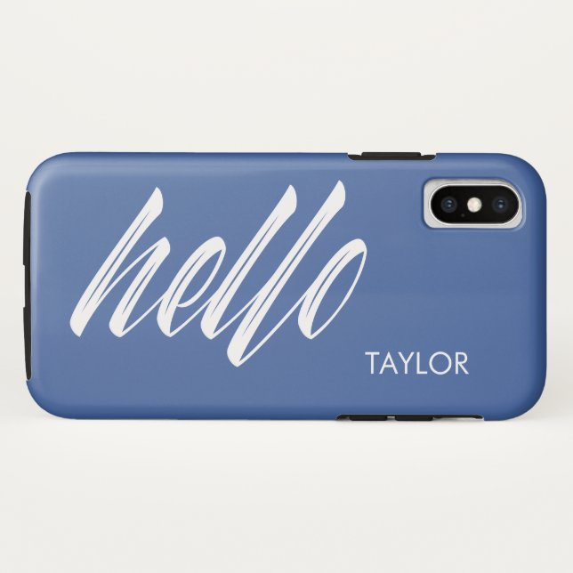 Funda De Case-Mate Para iPhone Guión de saludo con el nombre personalizado azul (Reverso (horizontal))