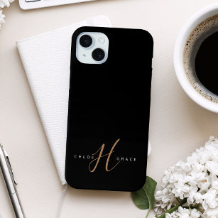 Funda Para iPhone 15 Mini Guión femenino de oro negro moderno monogramado
