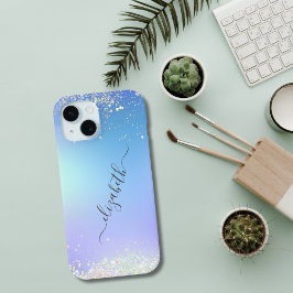 Funda Para iPhone 15 Guion Monograma Azul Purpura Brillo Tendencia