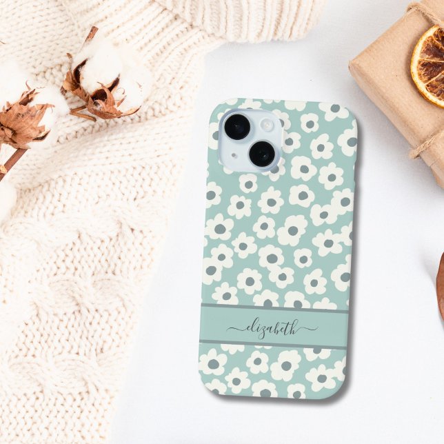 Funda De Case-Mate Para iPhone Guión Monograma Boho Flor gris blanco verde (Mint Green White Gray Floral Boho Monogrammed name iPhone case)