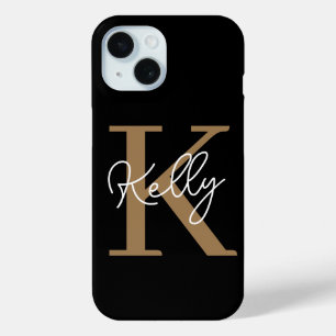 Funda Para iPhone 15 Guión monograma moderno de oro negro