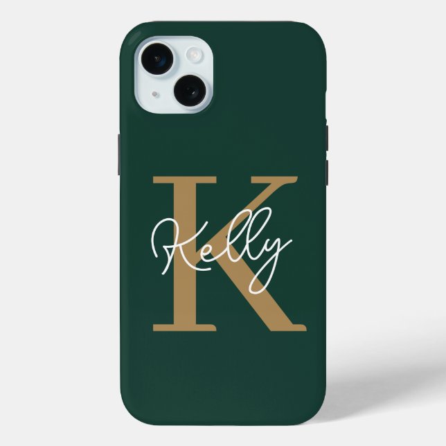 Funda De Case-Mate Para iPhone Guión monograma moderno de oro verde esmeralda (Reverso )