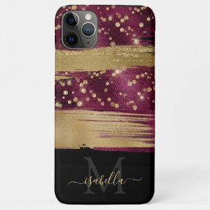Funda Para iPhone 11 Pro Max Guión Monogramado Purpurina Dorado Borgoña