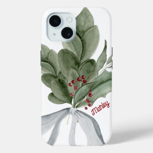 Funda Para iPhone 15 Guión personalizado de Mistletoe de verde navidad