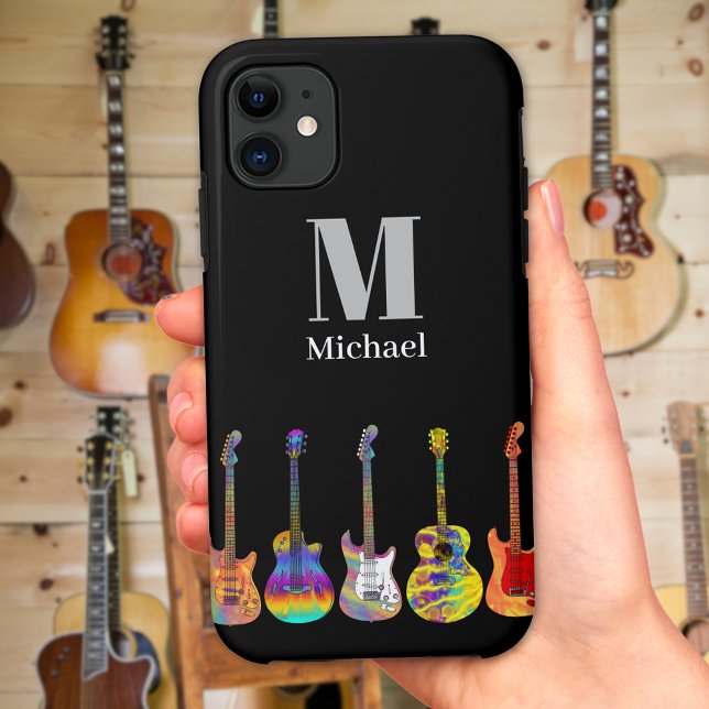 Funda De Case-Mate Para iPhone Guitarras Coloridas Monograma (Cool monogram colorful guitars black phone case)
