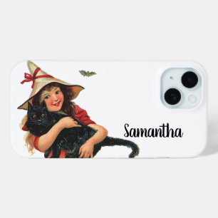 Funda Para iPhone 15 Halloween antiguo, niña bruja con gato negro