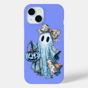 Funda Para iPhone 15 Halloween Blue Denim Boo Ghost Floral Coquette Bow