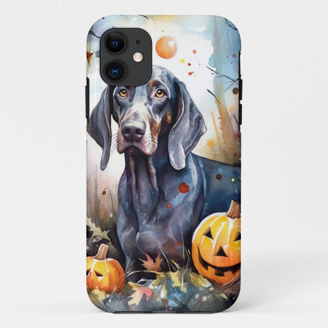 Funda De Case-Mate Para iPhone Halloween Bluetick Coonhound con calabazas aterrad (Reverso)