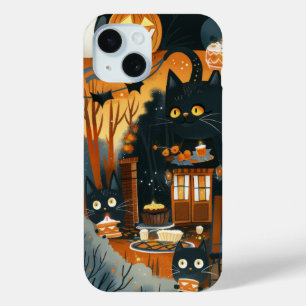 Funda Para iPhone 15 Halloween Gatos negros y lunas divertidos niños br