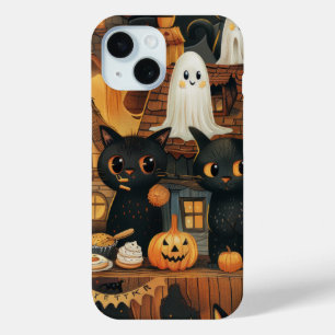 Funda Para iPhone 15 Halloween Gatos negros y lunas divertidos niños br