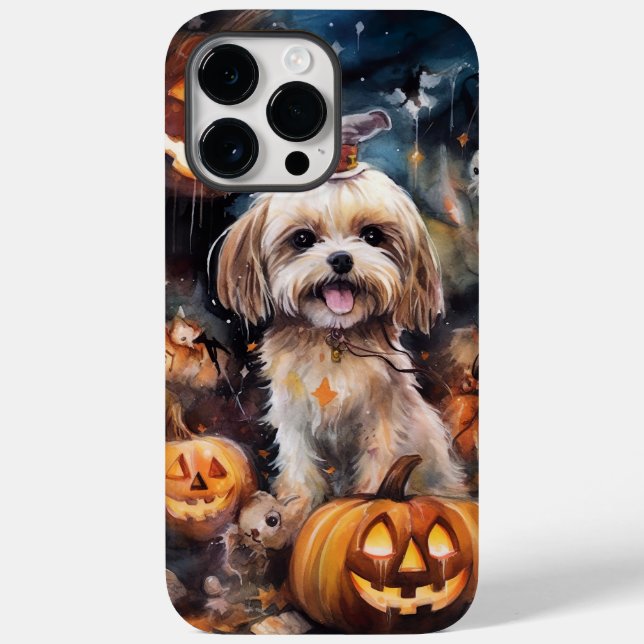 Funda De Case-Mate Para iPhone Halloween Lhasa Apso Con Calabazas Temerosas (Reverso )