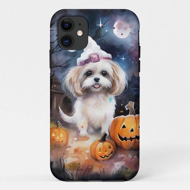 Funda De Case-Mate Para iPhone Halloween Malti Tzu con calabazas aterradoras (Reverso)