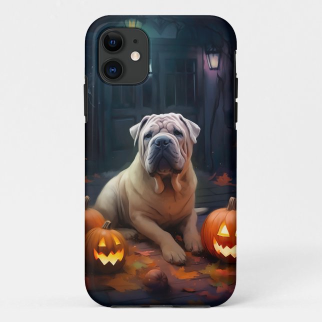 Funda De Case-Mate Para iPhone Halloween Shar Pei con calabazas aterradoras (Reverso)