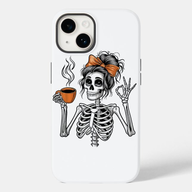 Funda De Case-Mate Para iPhone Halloween Skeleton Messy Bun Coffee (Reverso )