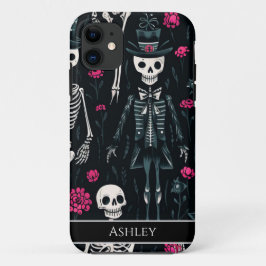 Funda Para iPhone 11 Halloween Skull Roses rosados Top Hat Personalizad