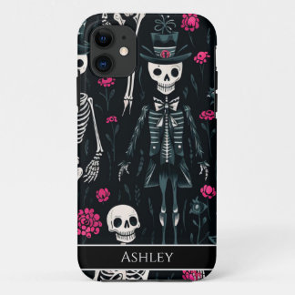 Funda Para iPhone 11 Halloween Skull Roses rosados Top Hat Personalizad