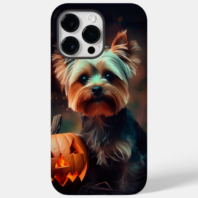 Funda De Case-Mate Para iPhone Halloween Yorkshire Terrier con calabazas temerosa (Reverso )