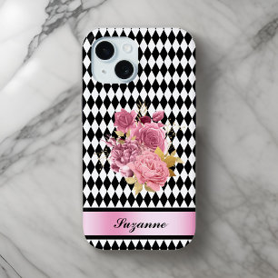 Funda Para iPhone 15 Harlequin blanco negro con flor rosa y nombre