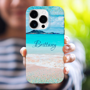 Funda Para iPhone 15 Pro Hawaii Beach Tropical Girly Blue Confetti Personal