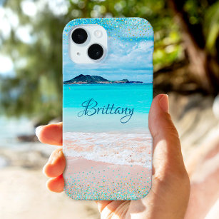 Funda Para iPhone 15 Hawaii Sandy Beach Ocean Blue Gold Confetti Nombre
