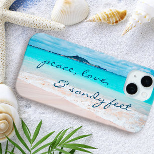 Funda Para iPhone 15 Hawaii Tropical Beach Peace Love Sandy Feet Script