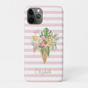 Funda Para iPhone 11 Pro Helado, fruta de hojas tropicales, franjas rosadas
