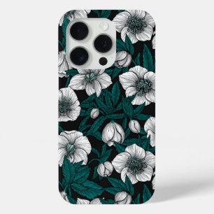 Funda Para iPhone 15 Pro Hellebores blancos con hojas azules