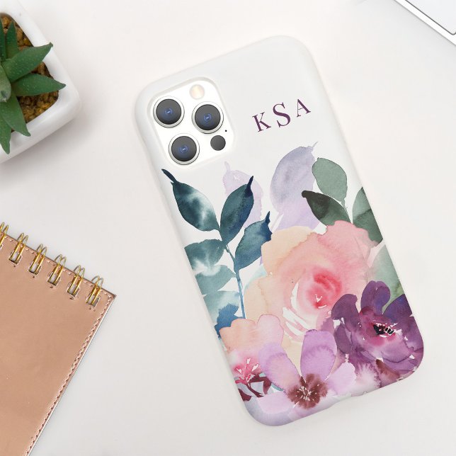 Funda De Case-Mate Para iPhone Hermosa acuarela Botánica Floral + Monograma (Subido por el creador)