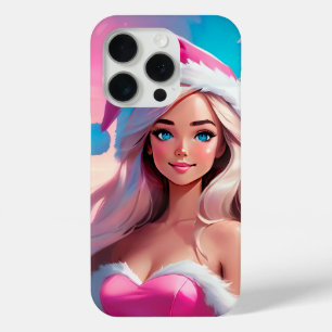 Funda Para iPhone 15 Pro Hermosa niña de Navidad rosa 01