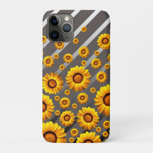 Funda Para iPhone 11 Pro Hermosas flores amarillas sobre rayas grises y pla