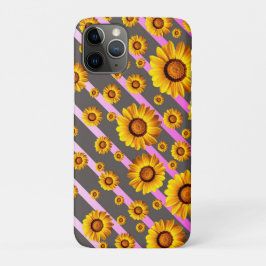 Funda Para iPhone 11 Pro Hermosas flores amarillas sobre rayas grises y ros