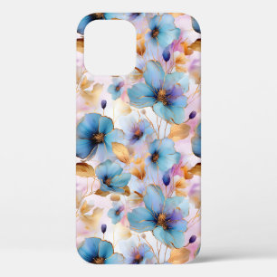 Funda Para iPhone 12 Hermosas flores azules de tinta de alcohol Pastel